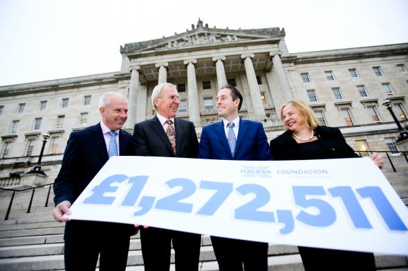 Halifax Foundation NI Stormont 2016 - (l-r) , Jim McCooe, Lloyds Banking Group Ambassador for NI and Halifax Foundation NI Trustee, Dr Brian Scott, HFNI Chairman, Minister for Communities Mr Paul Givan MLA, Imelda McMillan, HFNI Deputy Chair